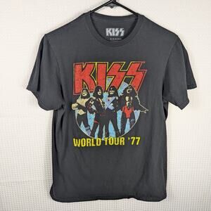 KISS World Tour 77 T Shirt Medium Black Vintage Style Band Graphic Rock Tee